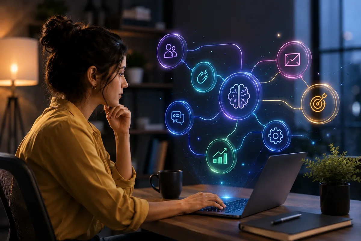 AI powered digital marketing course — marketer working with an AI workflow connecting audience, content, analytics and automation nodes