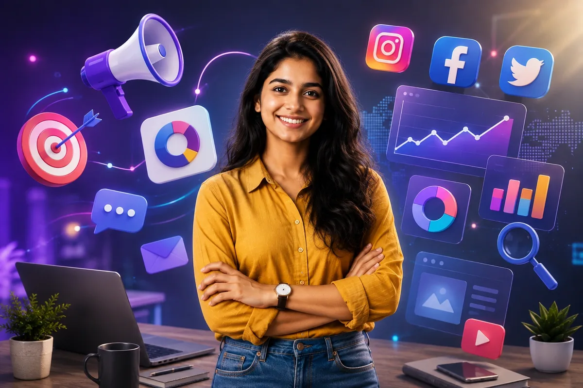 Digital marketing course in Mumbai — student surrounded by social media, analytics and campaign icons