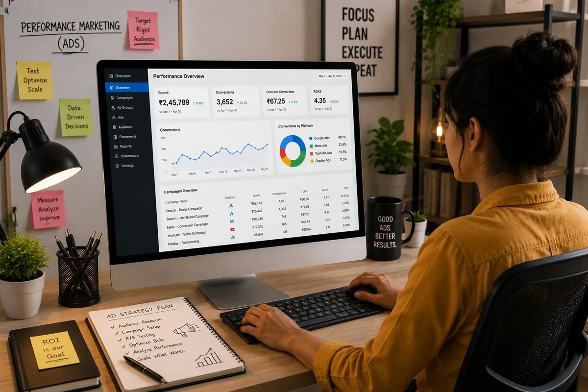 Performance marketing course — student analysing a Google and Meta Ads dashboard with spend, conversions, cost per conversion and ROAS