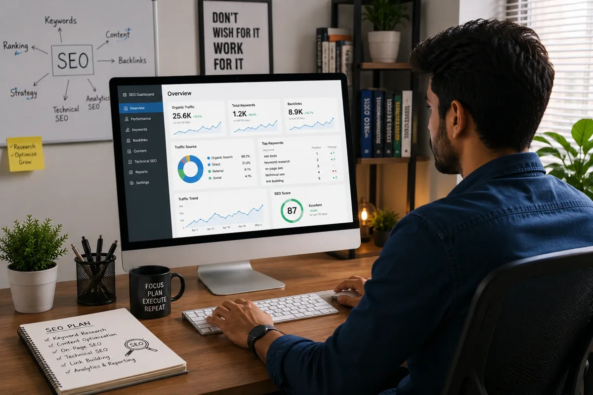 SEO course in Mumbai — student reviewing an SEO dashboard showing organic traffic, keyword rankings and backlinks